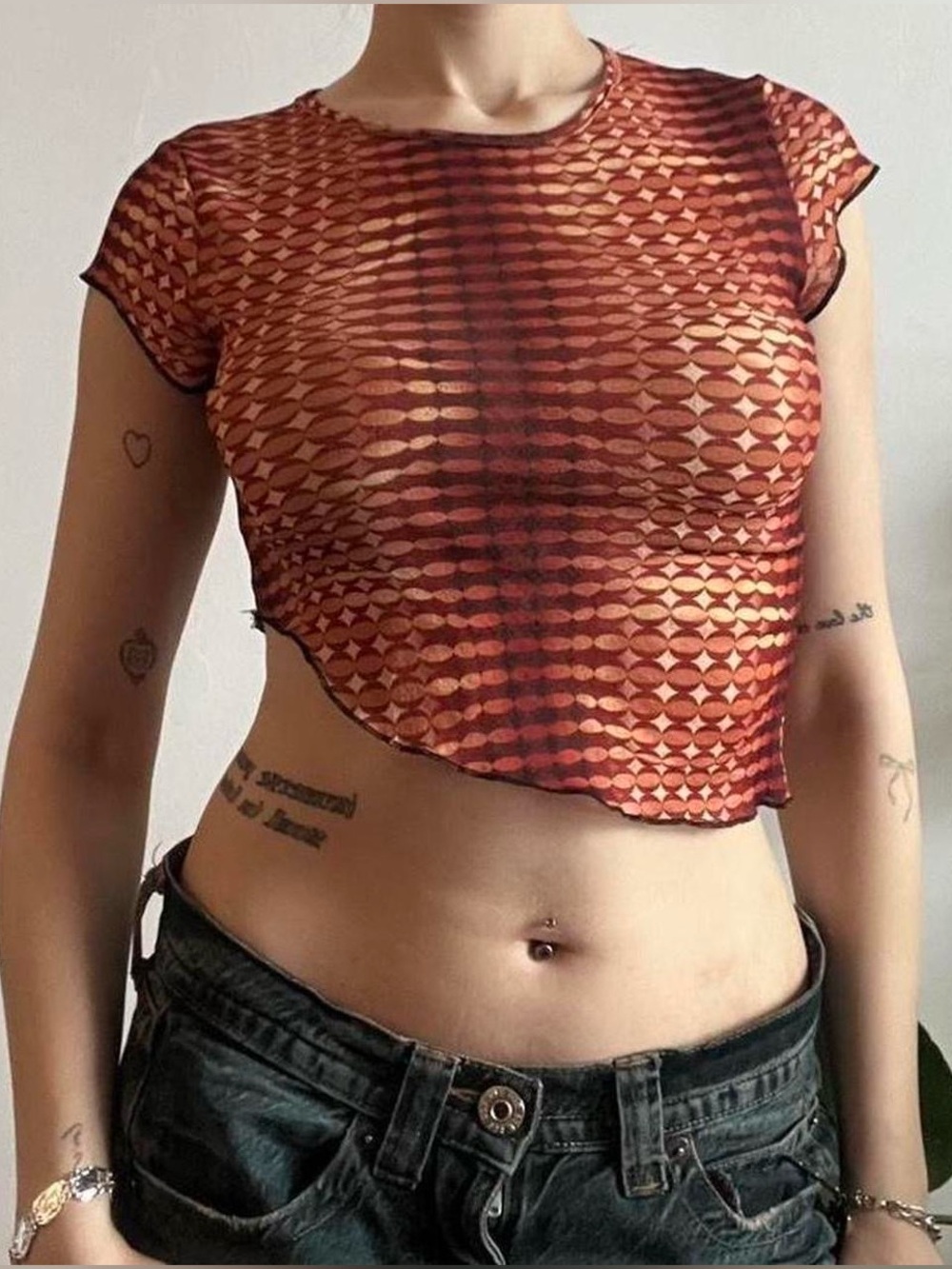 Size XS Urban Outfitters Patterned Mesh Asymmetrical Tshirt